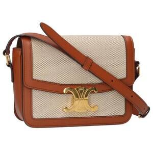 Celine Teen Triomphe Textile Calfskin Shoulder Bag Off White Brown